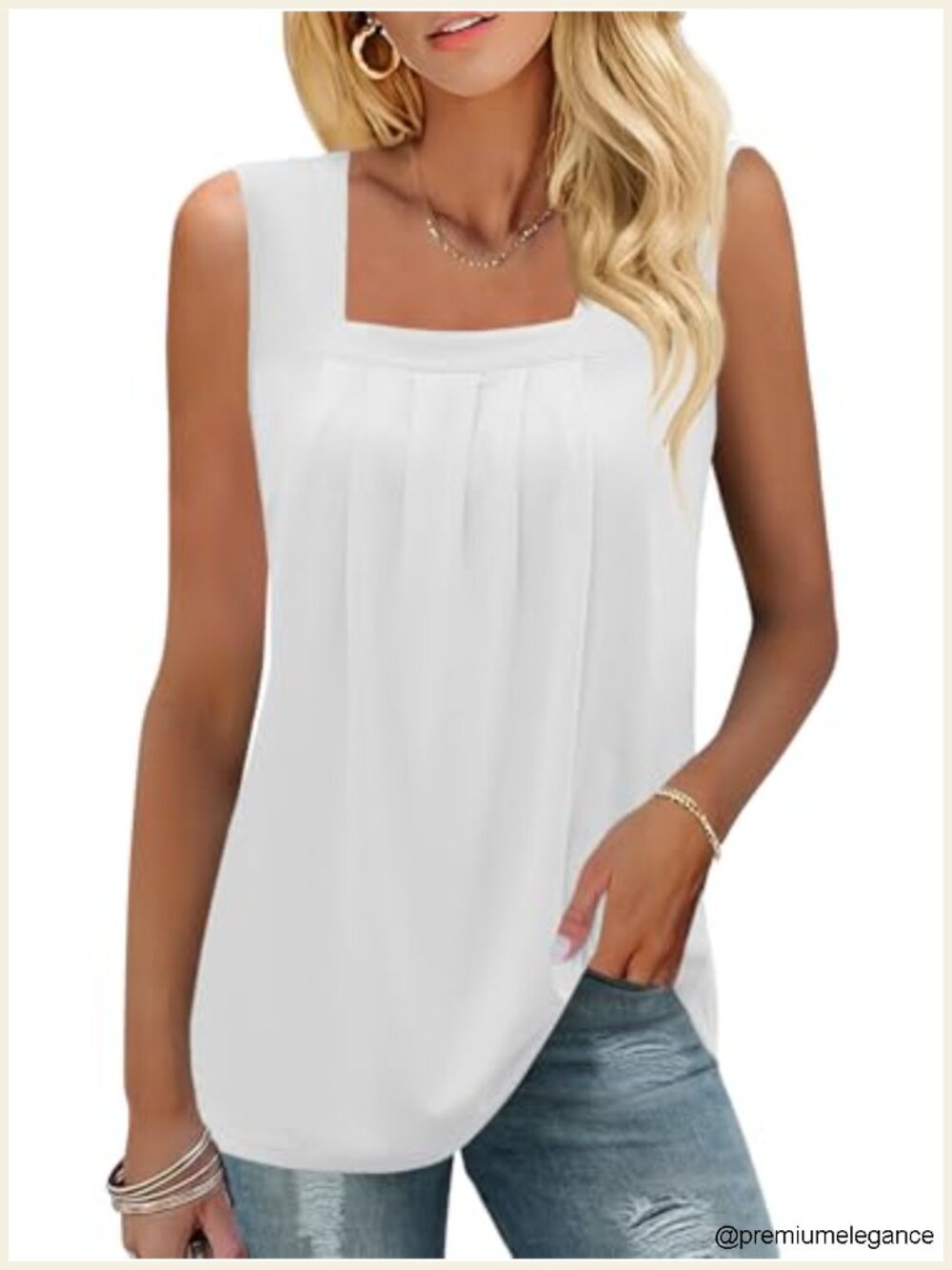 Square Neck Sleeveless Tank Top Pleated Tunic Loose Fit S-3XL